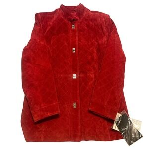 NWT Terry Lewis Jacket Womens L Red Quilted Suede Turnlock Mock Neck Luxury